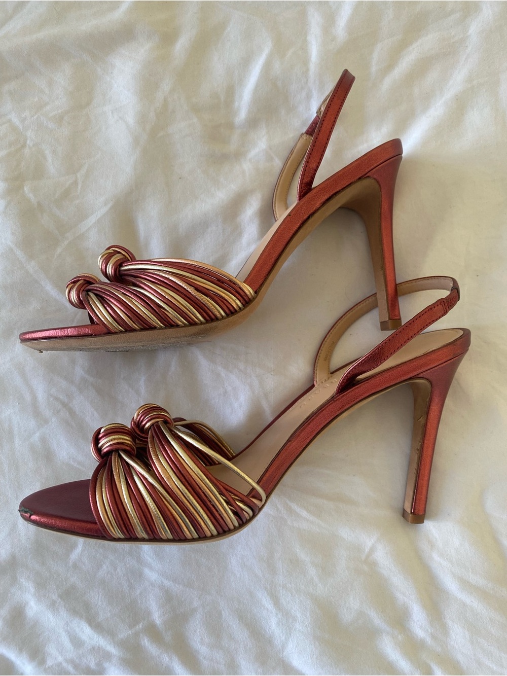 Veronica Beard Metallic Red & Gold Knotted Strap Heels - Picture 5 of 13